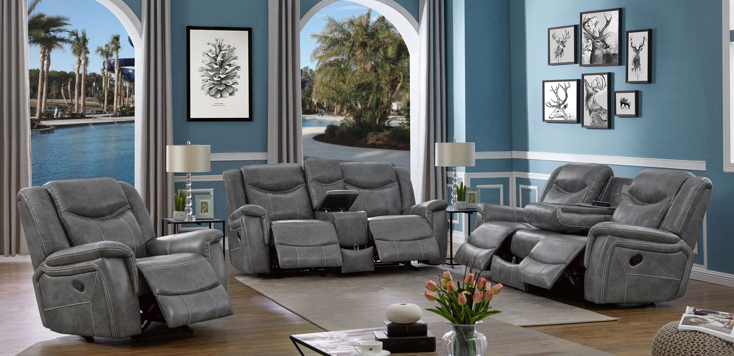 Conrad 3-piece Upholstered Padded Arm Motion Sofa Set In Grey