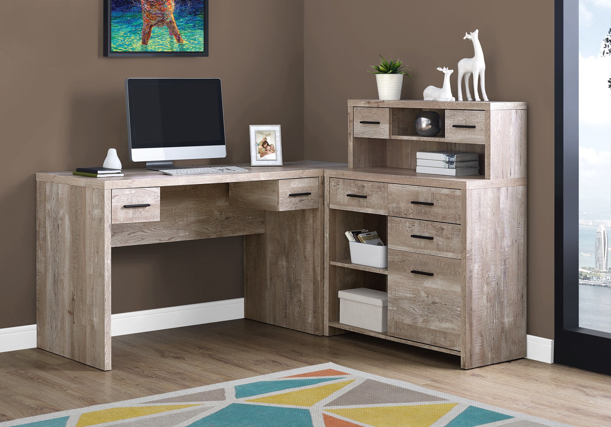 L Shaped Right or Left Reversible Corner Computer Desk in Reclaimed Taupe