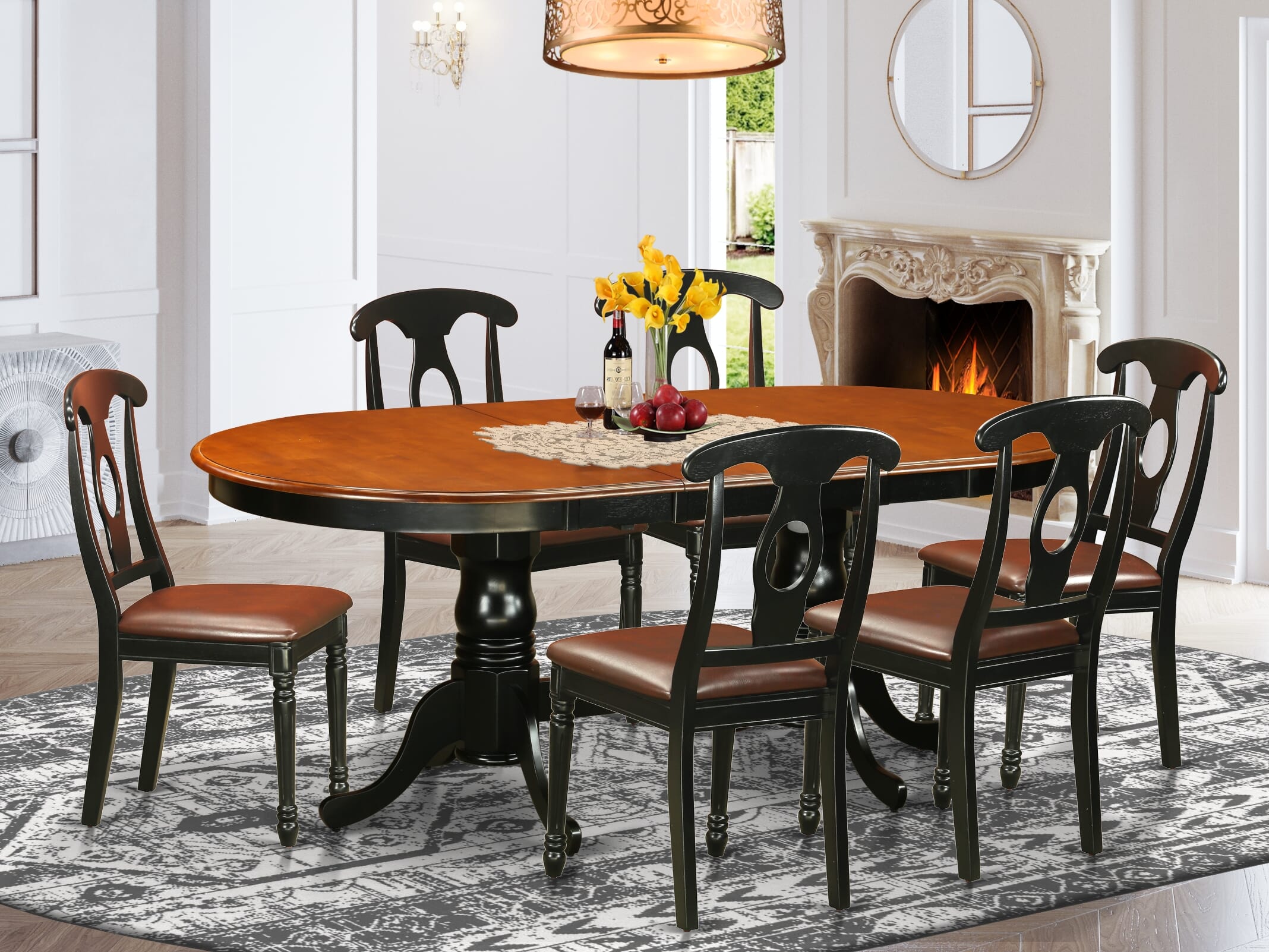 7 Pc Oval Dining room Table with Leaf and Leatherette Seat Chairs in Black / Cherry