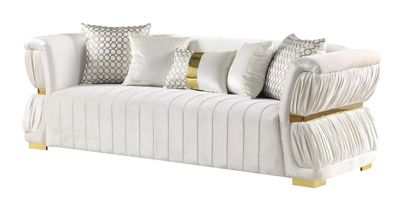 Gemma 2 PC Luxe Glam Velvet White Gold Sofa Loveseat Living Room Set