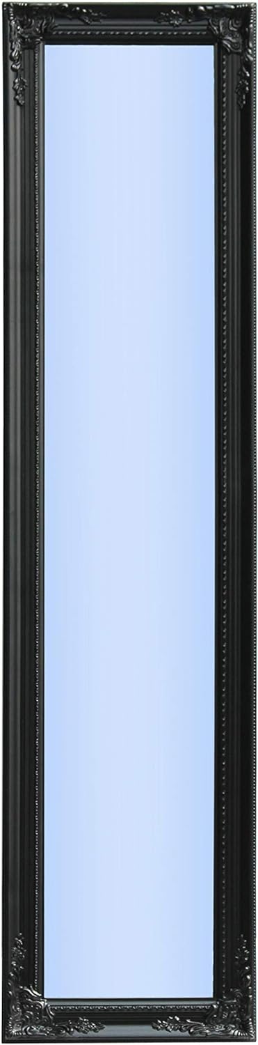 Full Length Black Wooden Standing Mirror with Ornamental Design Easel Back Stand