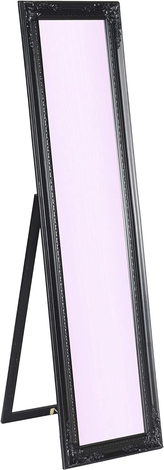 Full Length Black Wooden Standing Mirror with Ornamental Design Easel Back Stand