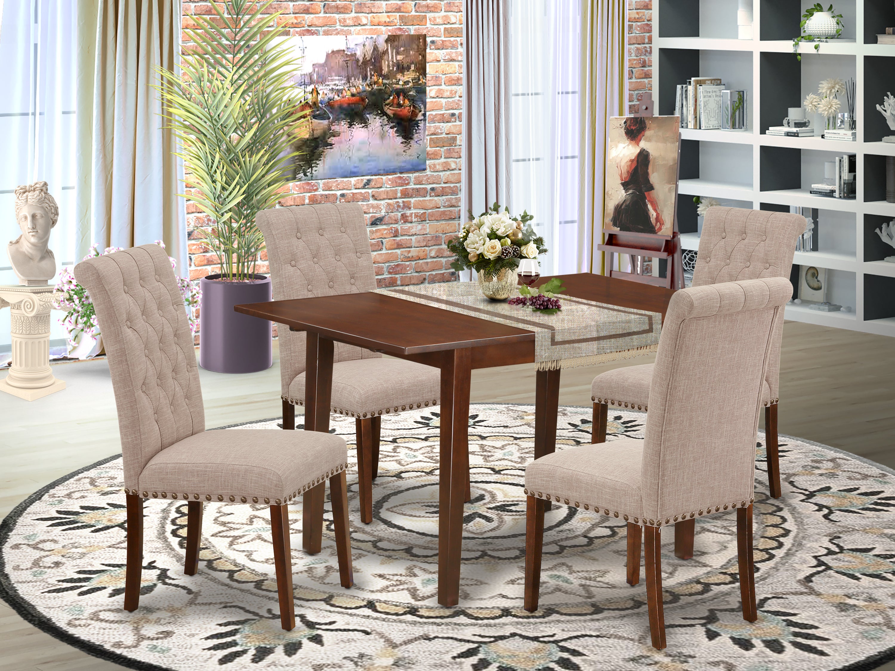 NOBR5-MAH-04 5Pc Dining Set Includes a Rectangle Dinette Table with Butterfly Leaf and Four Parson Chairs with Light Fawn Fabric, Mahogany Finish