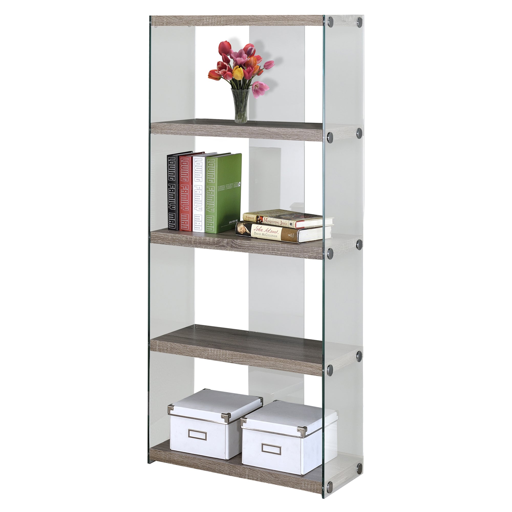 5-Shelf 60" Etagere Bookcase Shelf With Tempered Glass Frame In Dark Taupe