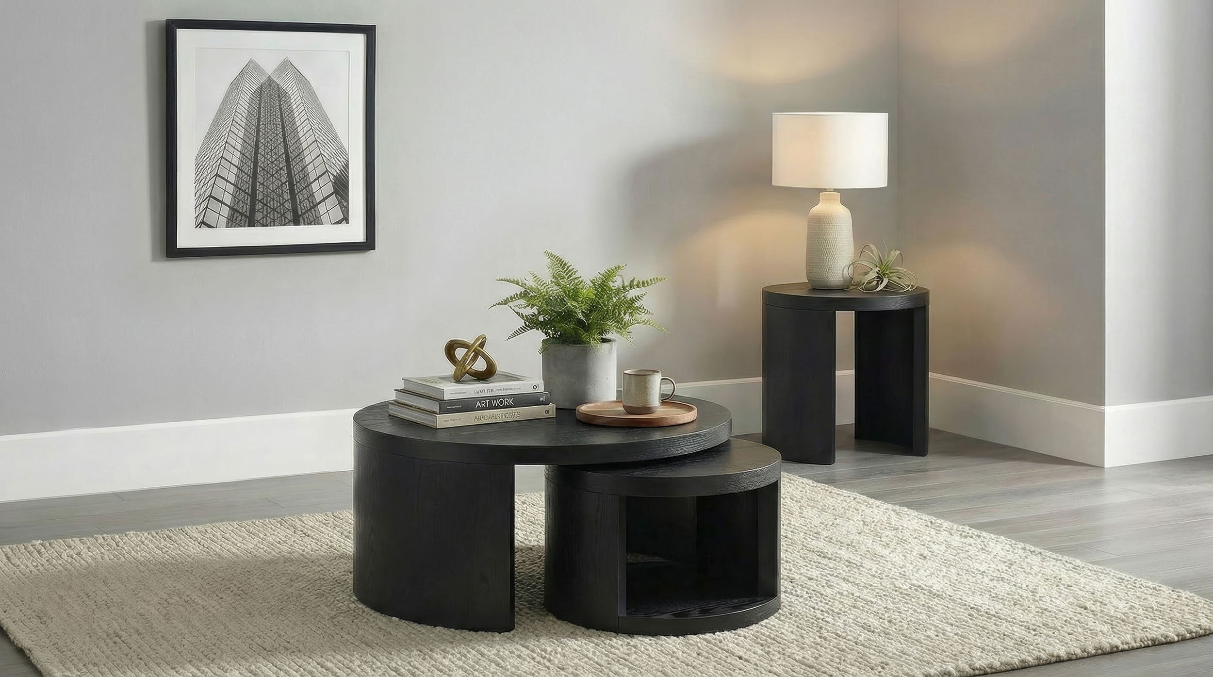 Sweeney 2-piece Round Wood Occasional Nesting Table Set Black