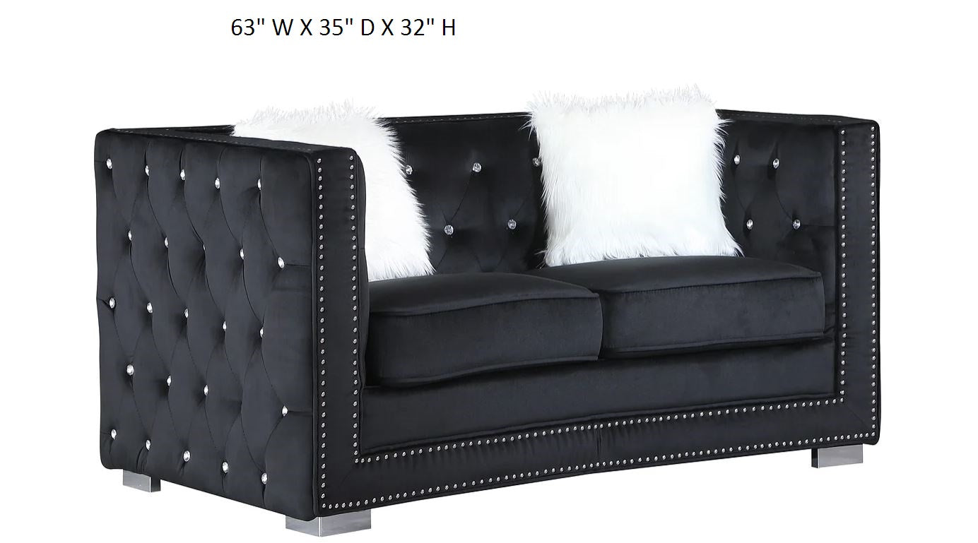Sofia 2PC Modern Velvet Living Room Sofa Loveseat Set In Black