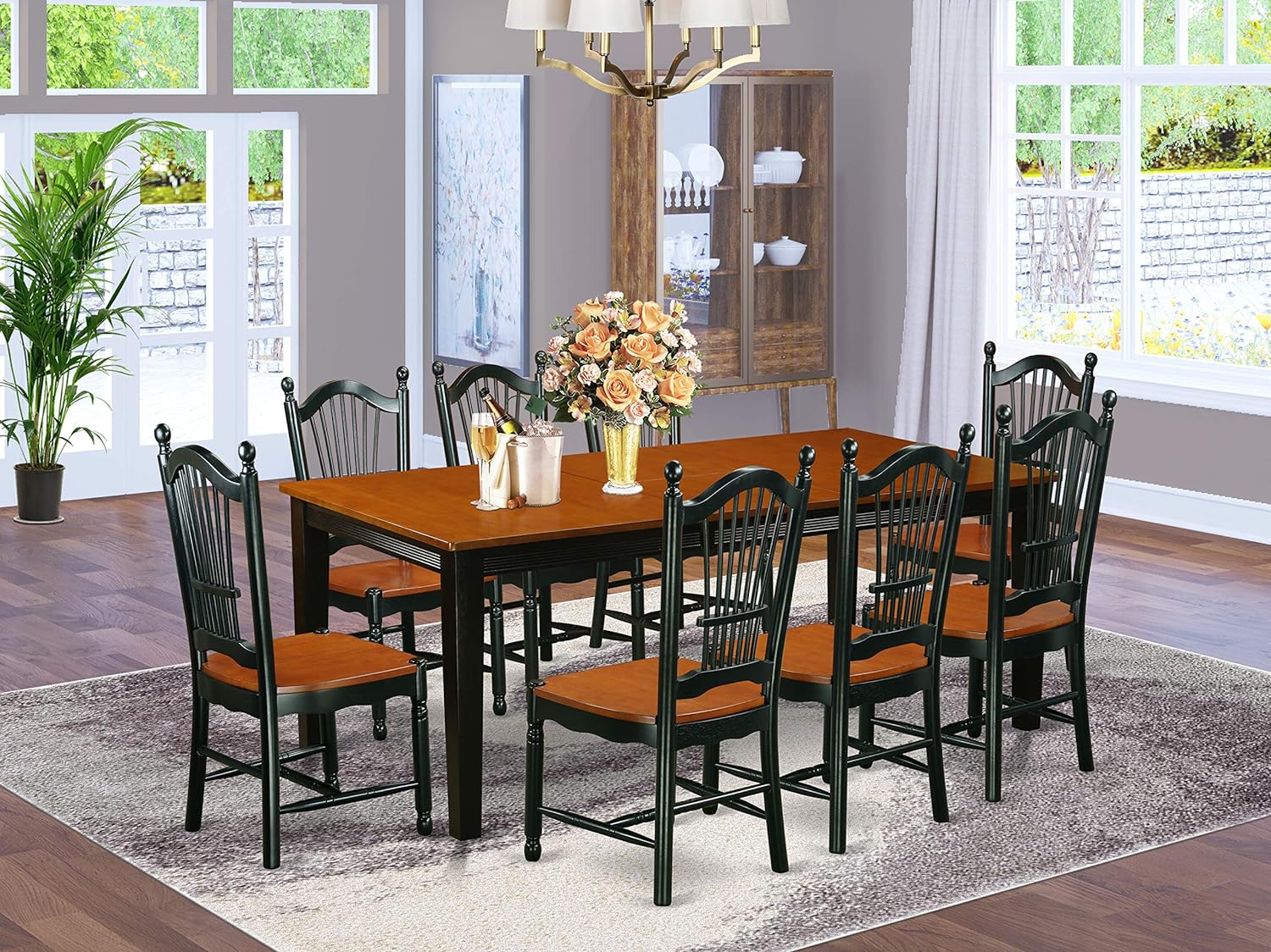 2 Tone 9 Pc Dining Room Rectangular Table W/ Fan Back Chairs Set in Black / Cherry