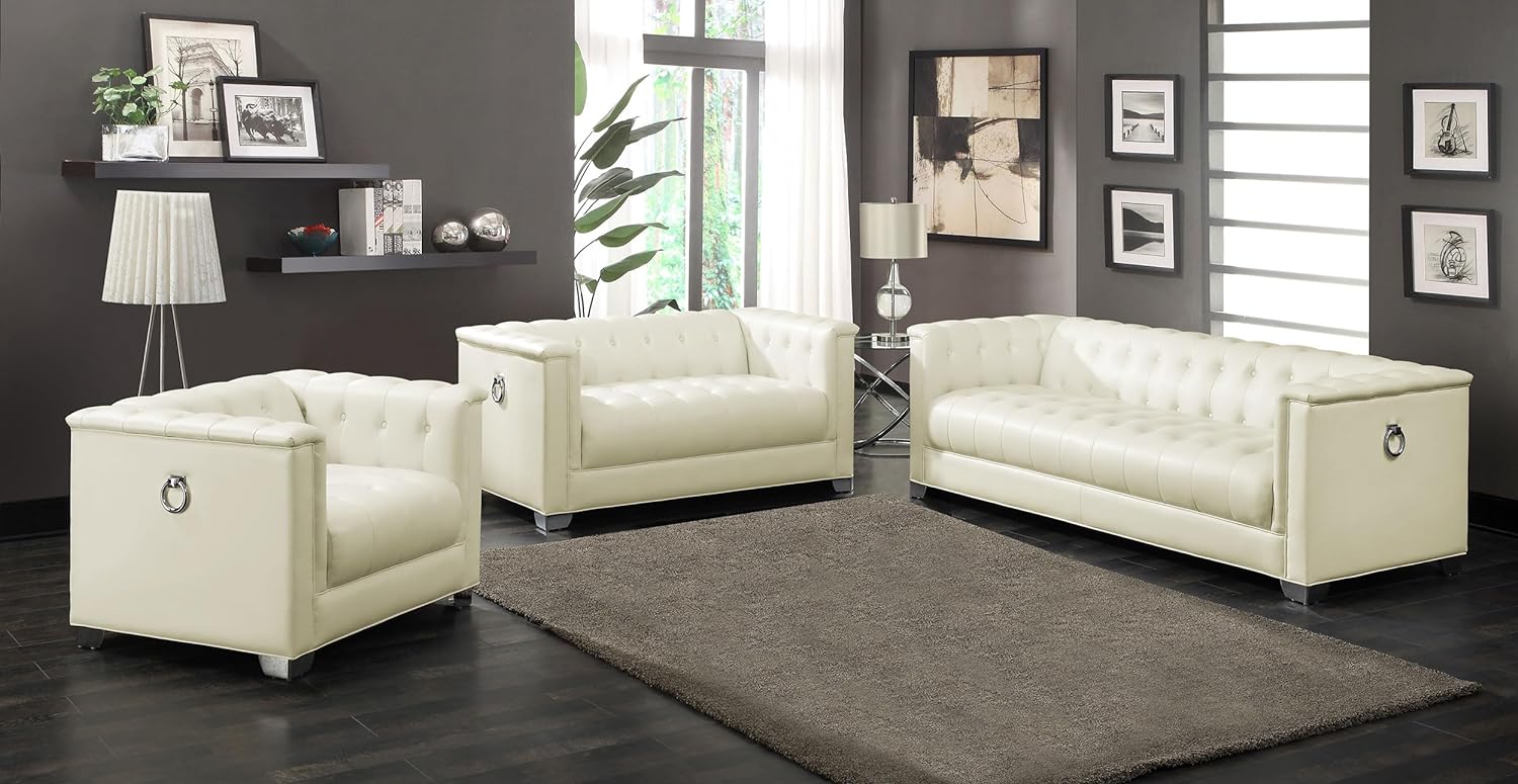 Chaviano 3-Piece Upholstered Tufted Sofa Loveseat Chair Set Pearl White
