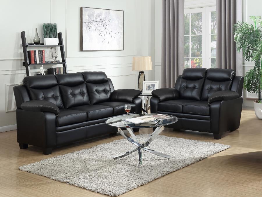 Finley 2 PC Living Room Leatherette Upholstered Pillow Top Arm Sofa Love Seat Set Black