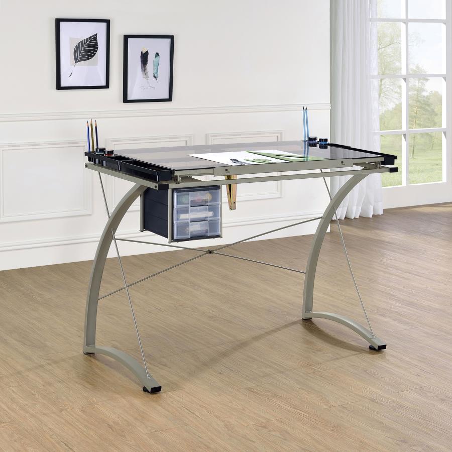 Melo 41-inch Glass Top Drafting Table with Storage In Silver
