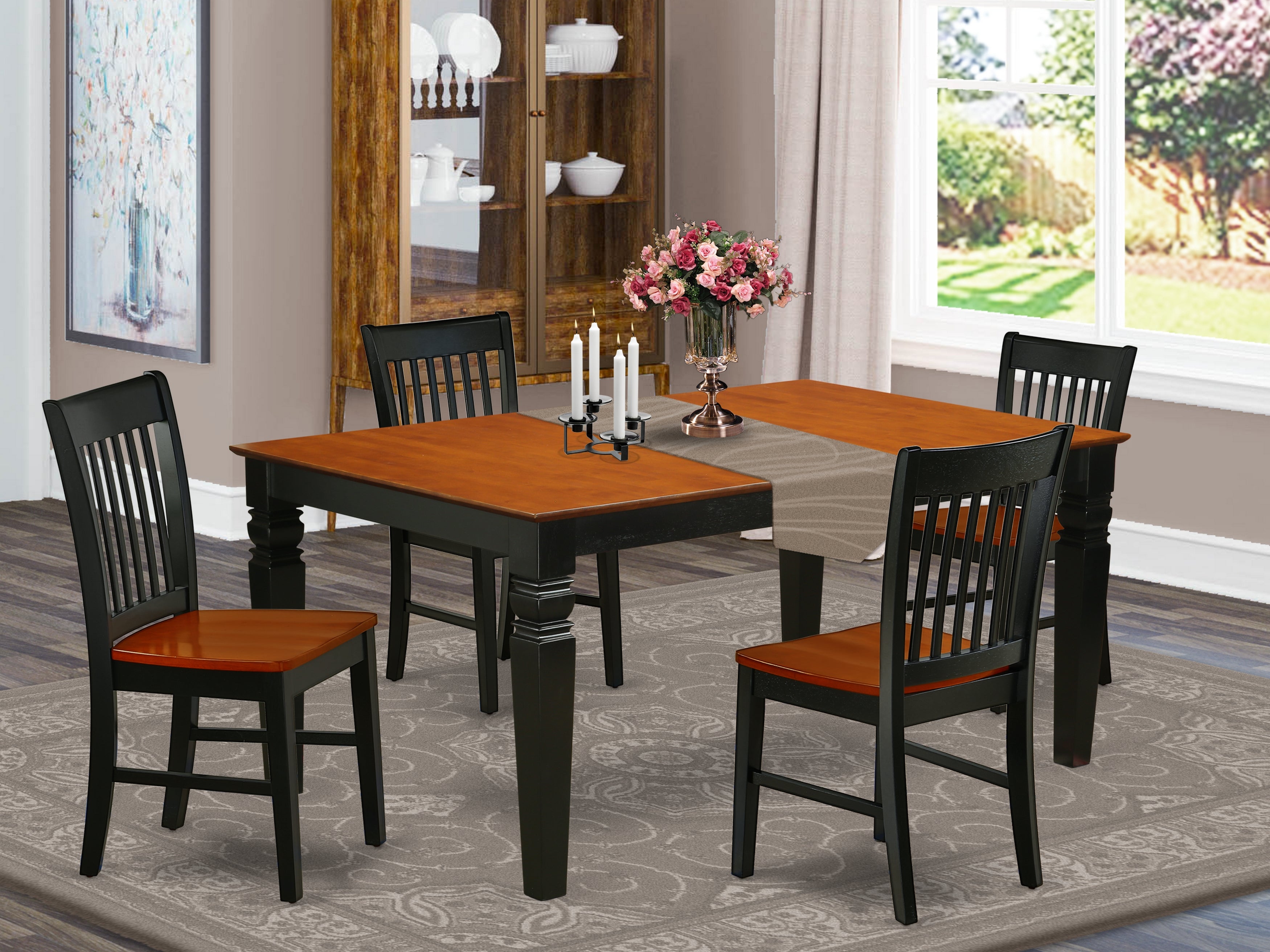 WENO5-BCH-W 5Pc Rectangular 42/60 Inch Dining Room Table With 18 In Leaf And Four Wood Seat Dining Chairs