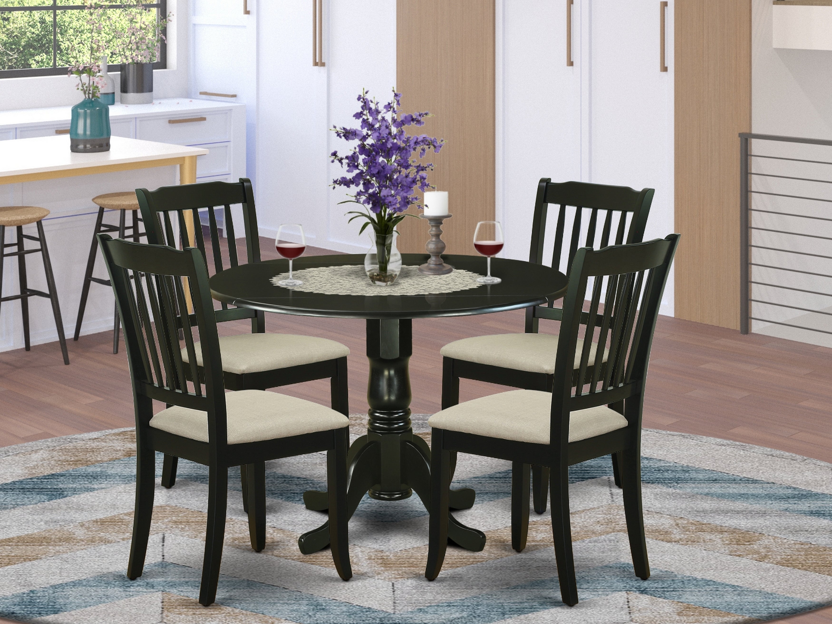 DLDA5-BLK-C 5Pc Dining Set Includes a Round Dinette Table with Drop Leaves and Four Vertical Slatted Microfiber Seat Kitchen Chairs, Black Finish