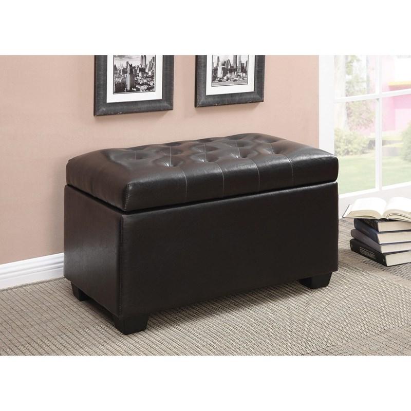 Leatherette Button-Tufted Storage Ottoman in Dark Brown