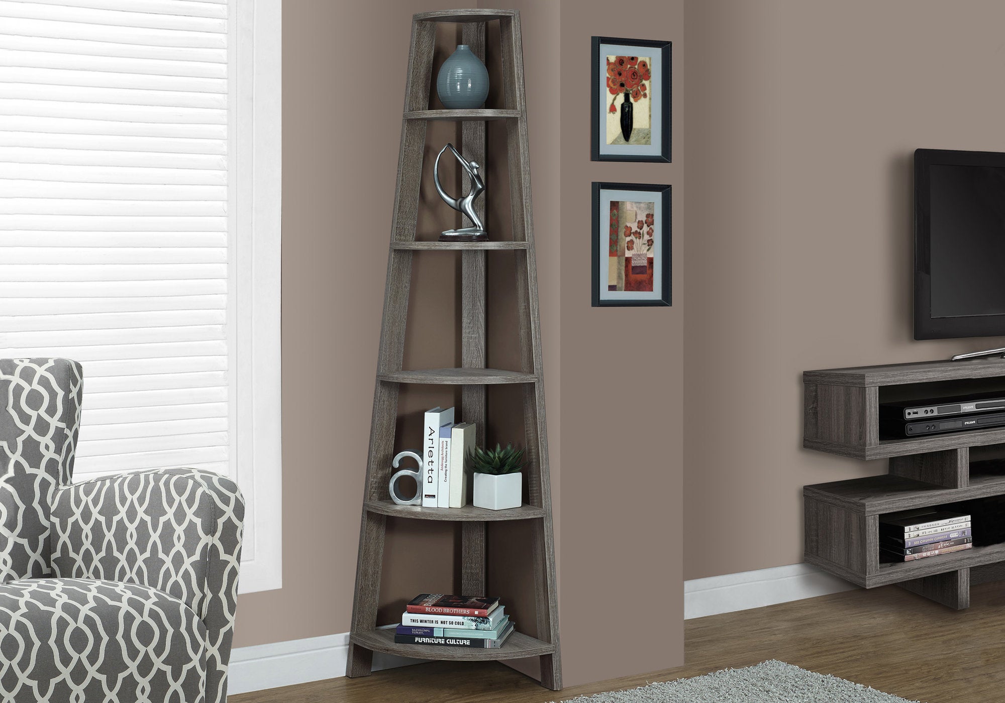 72" 5 Shelf Corner Etagere Accent Bookcase Rack in Dark Taupe