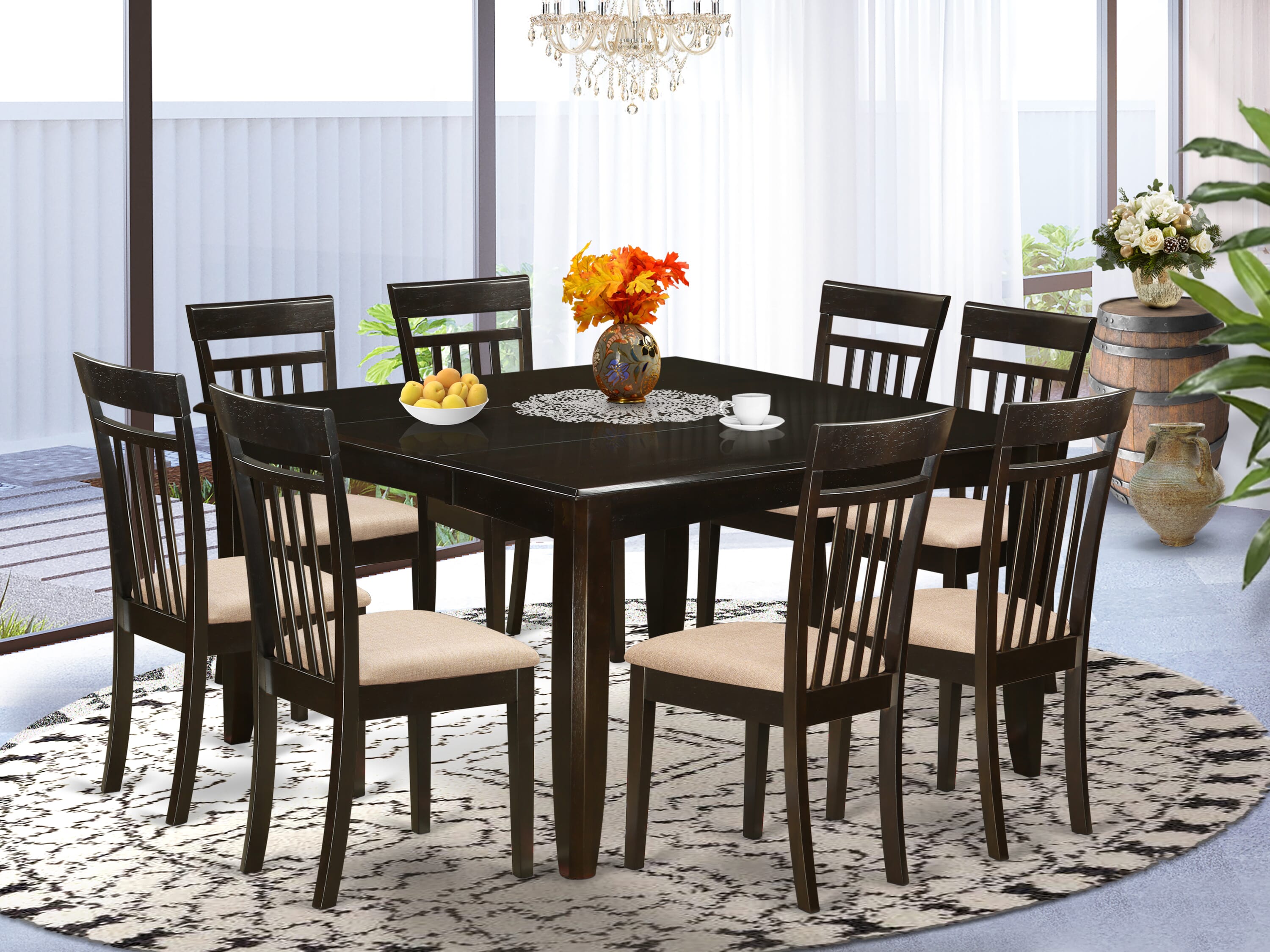 9 PC Cappuccino Dining Room Dinette Table with Leaf and 8 Fabric Seat Chairs set