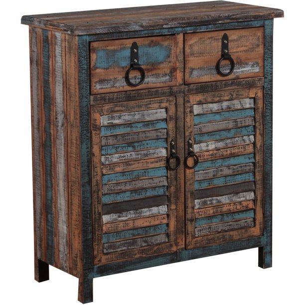 Calypso Distressed Look Rustic Coastal Accent Chest Cabinet 2-Door Blue/Brown