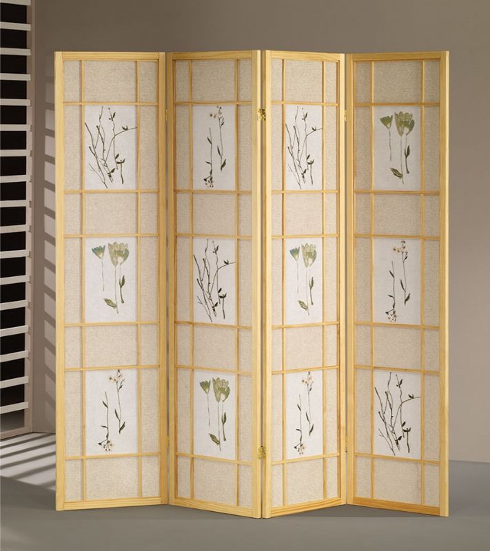4 Panel Square Floral Design Room Divider in Natural
