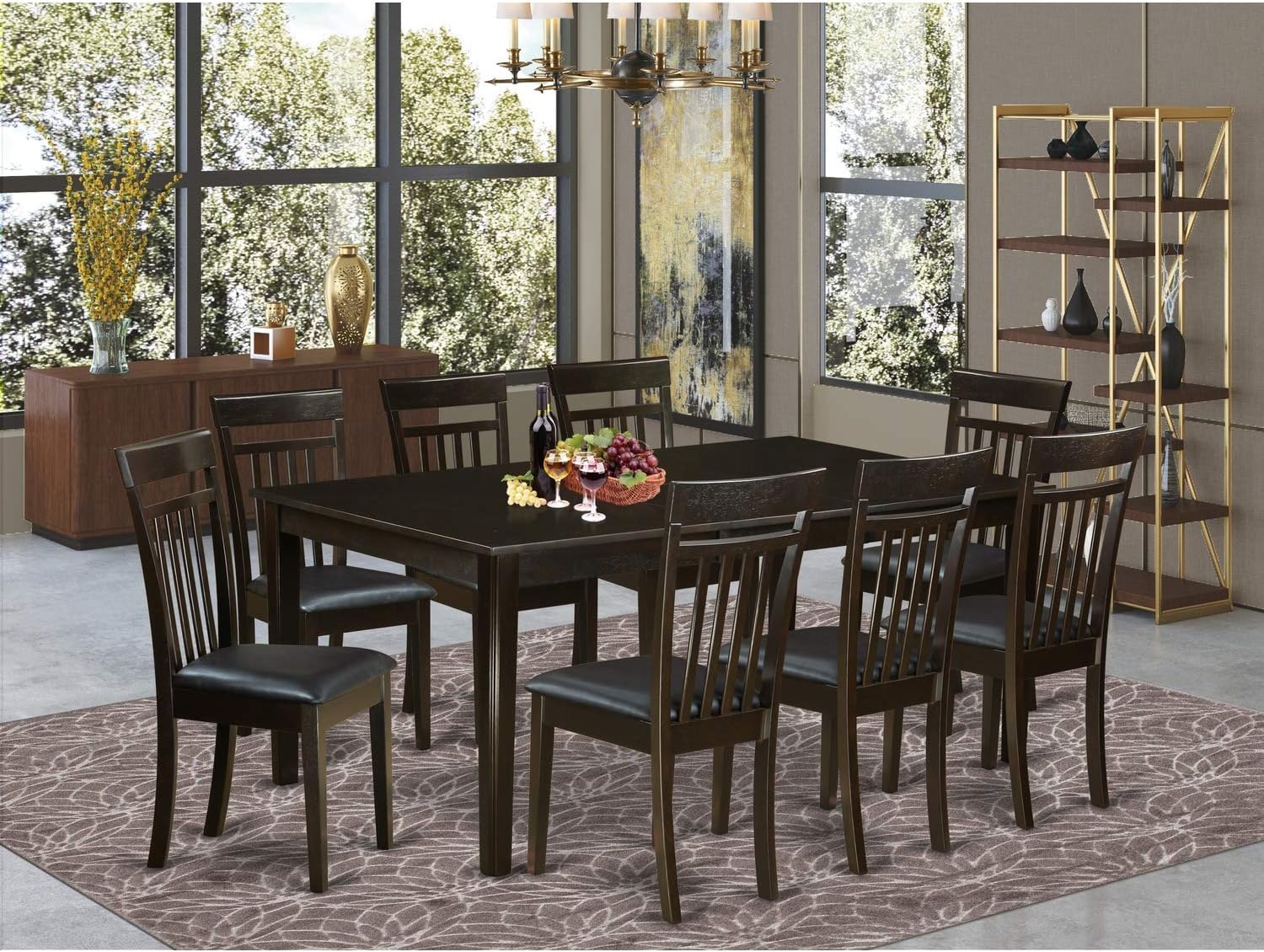 9 Pc Dining Room Cappuccino Table with Leaf & 8 upholstered Chairs Set
