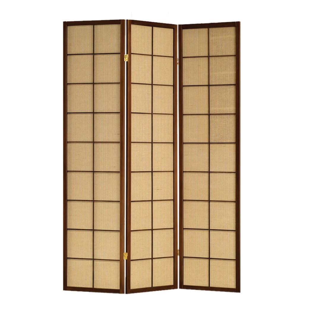 3 Panel Wooden Screen Room Divider with Jute Inlay Brown Cherry