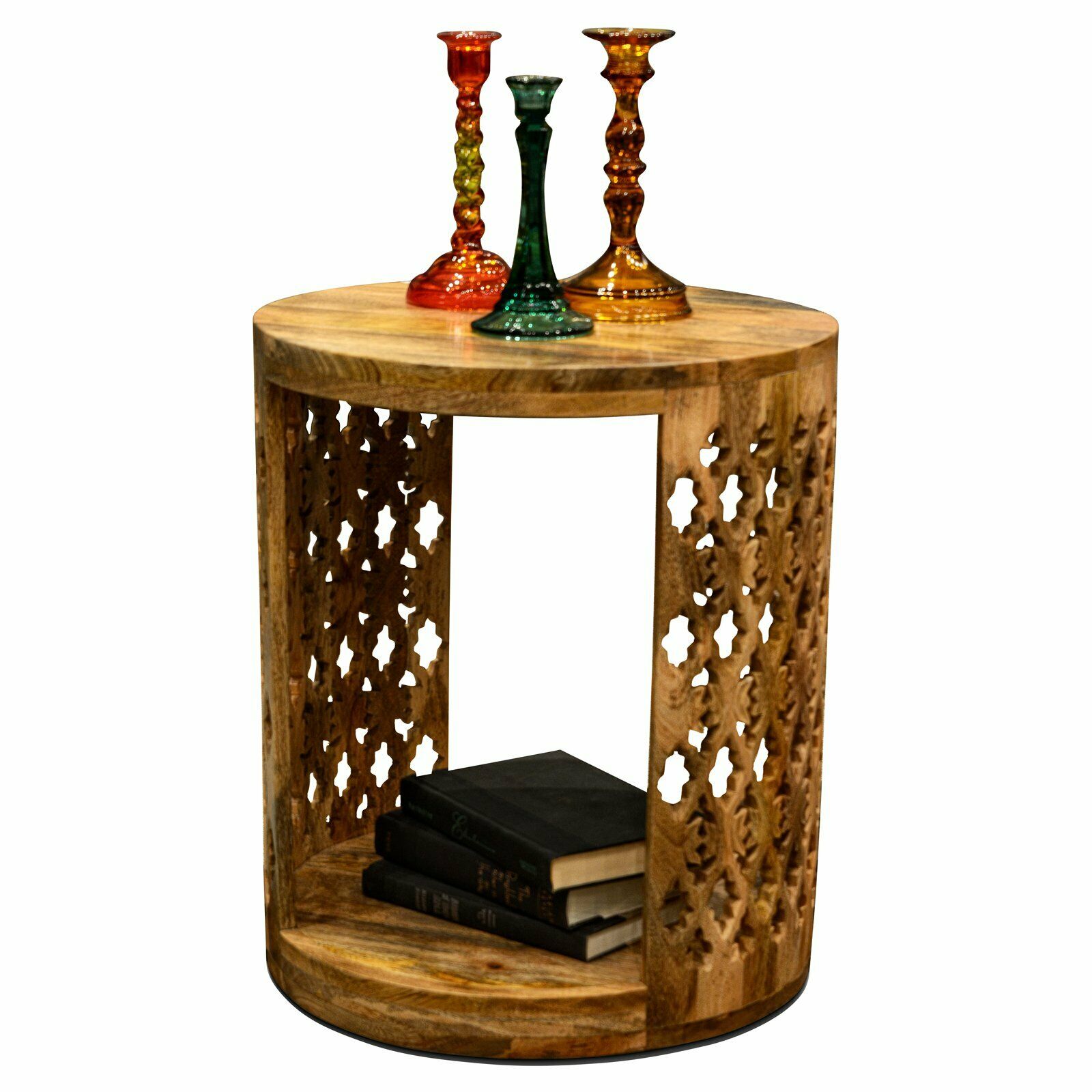 Moroccan Inspired Hand Carved Circular Wood Brinley Round End Table