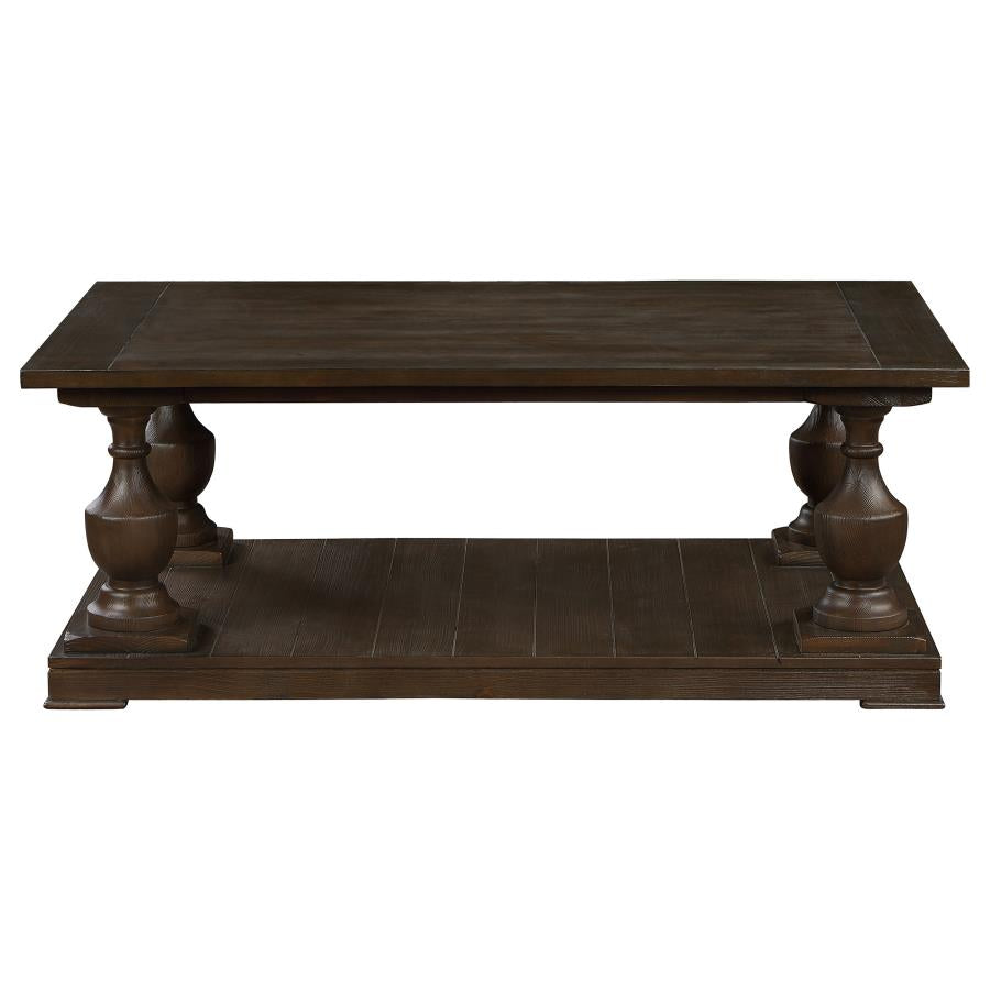 Walden Rectangular Coffee Table with Turned Legs and Floor Shelf in Coffee Finish