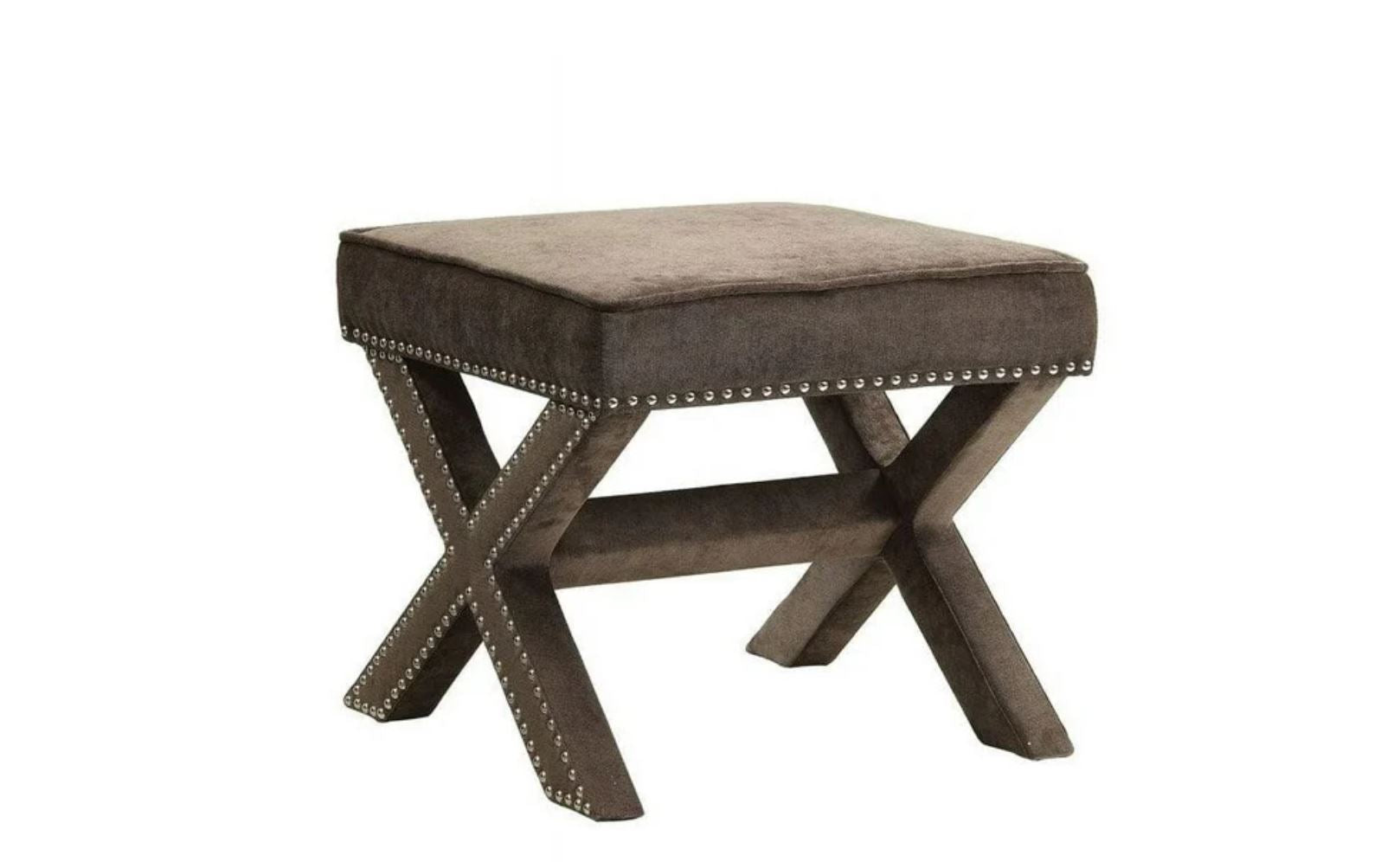 X Leg Ottoman w/ Upholstered Legs & Decorative Nailheads in Ash Finish