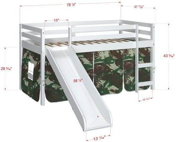 White Twin Junior Solid Pine Wood Loft Bed with Slide And Camo Tent