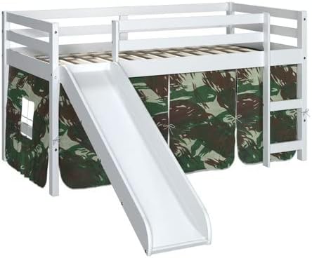 White Twin Junior Solid Pine Wood Loft Bed with Slide And Camo Tent