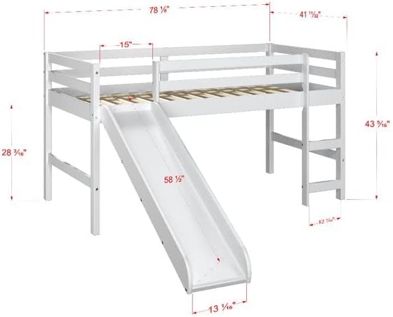 White Twin Junior Solid Pine Wood Loft Bed with Slide And Camo Tent