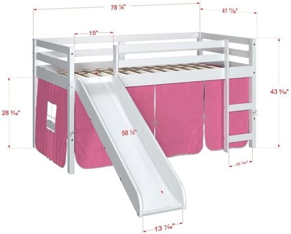 White Twin Junior Solid Pine Wood Loft Bed with Slide And Pink Tent
