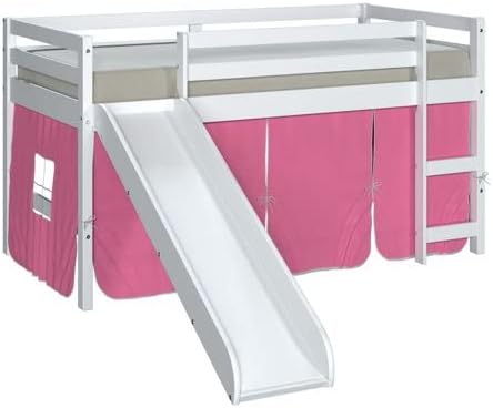 White Twin Junior Solid Pine Wood Loft Bed with Slide And Pink Tent