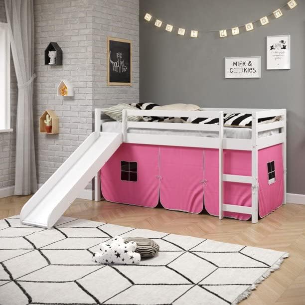 White Twin Junior Solid Pine Wood Loft Bed with Slide And Pink Tent