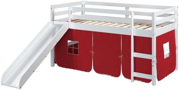 White Twin Junior Solid Pine Wood Loft Bed with Slide And Red Tent