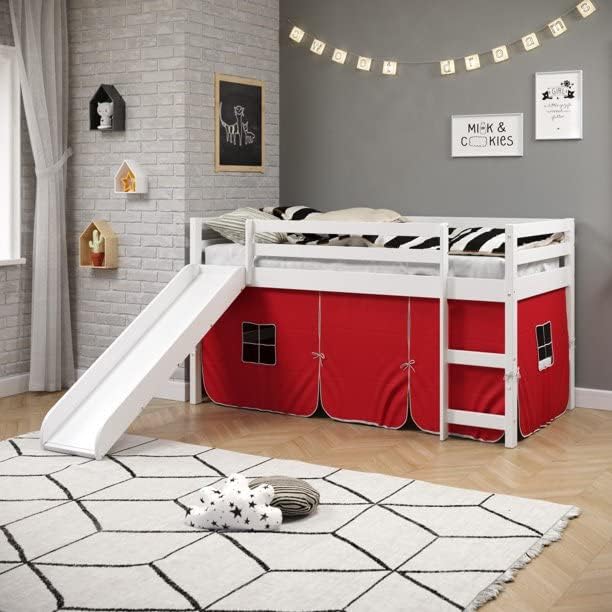 White Twin Junior Solid Pine Wood Loft Bed with Slide And Red Tent