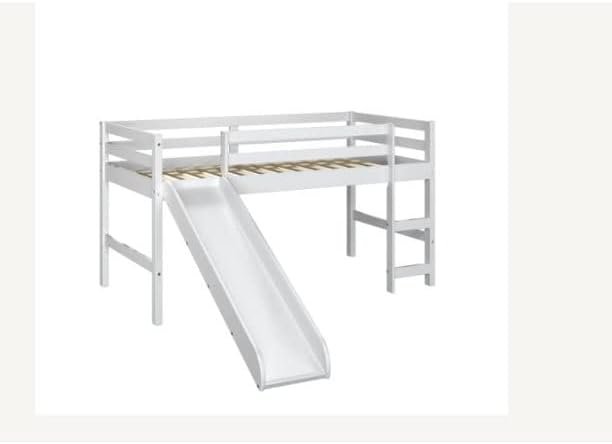 White Twin Junior Solid Pine Wood Loft Bed with Slide