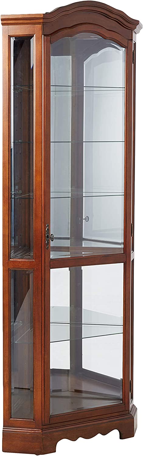 Traditional Lighted 5-Shelf Corner Curio Cabinet Medium Brown and Clear