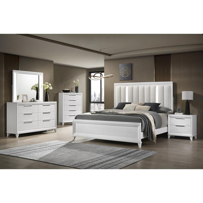 Cressida 5 Pc Modern White LED Upholstered Panel King Bedroom Set