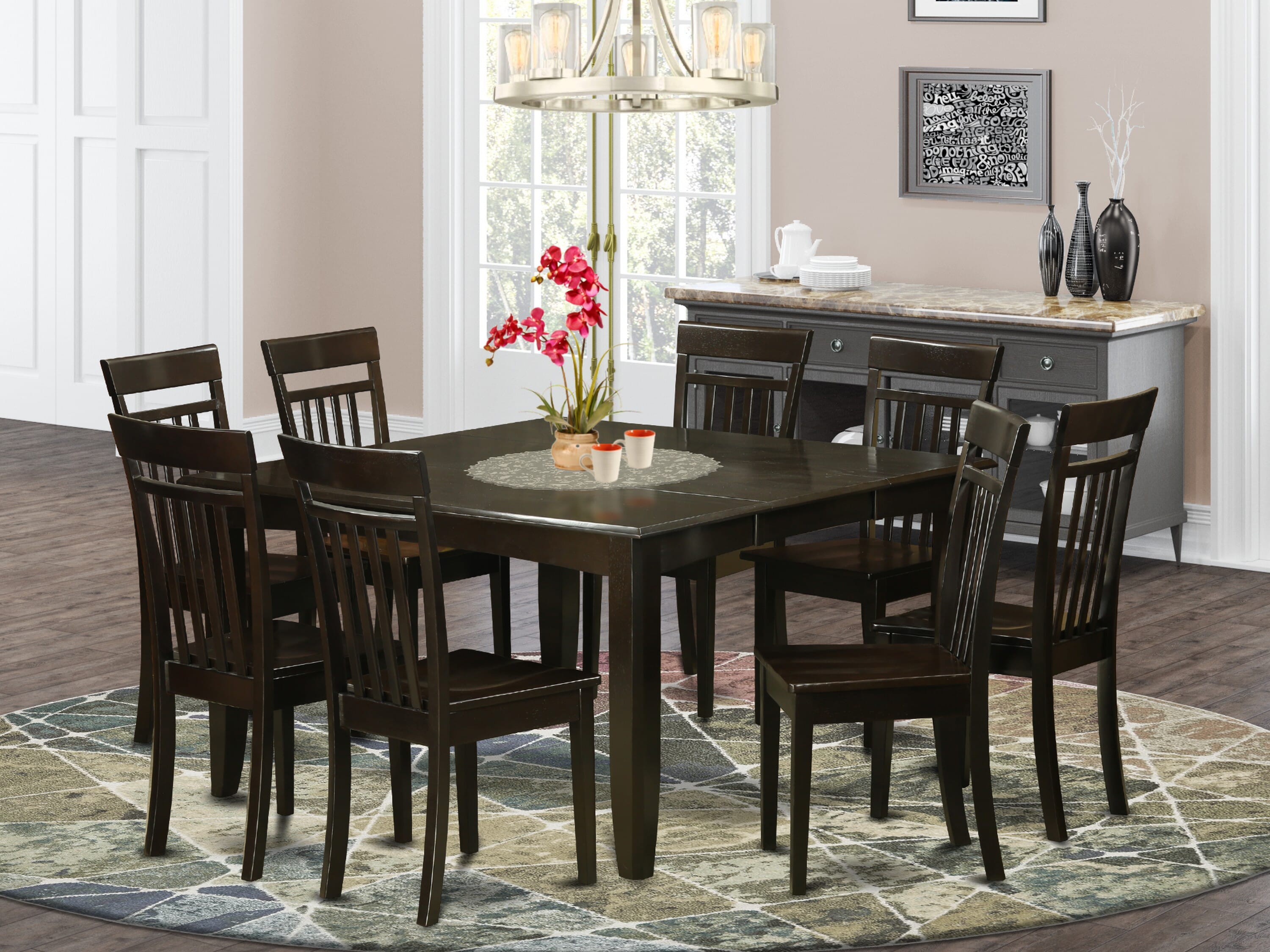 9 Pc Dining Room Dinette Table with Leaf and 8 Chairs set In Cappuccino