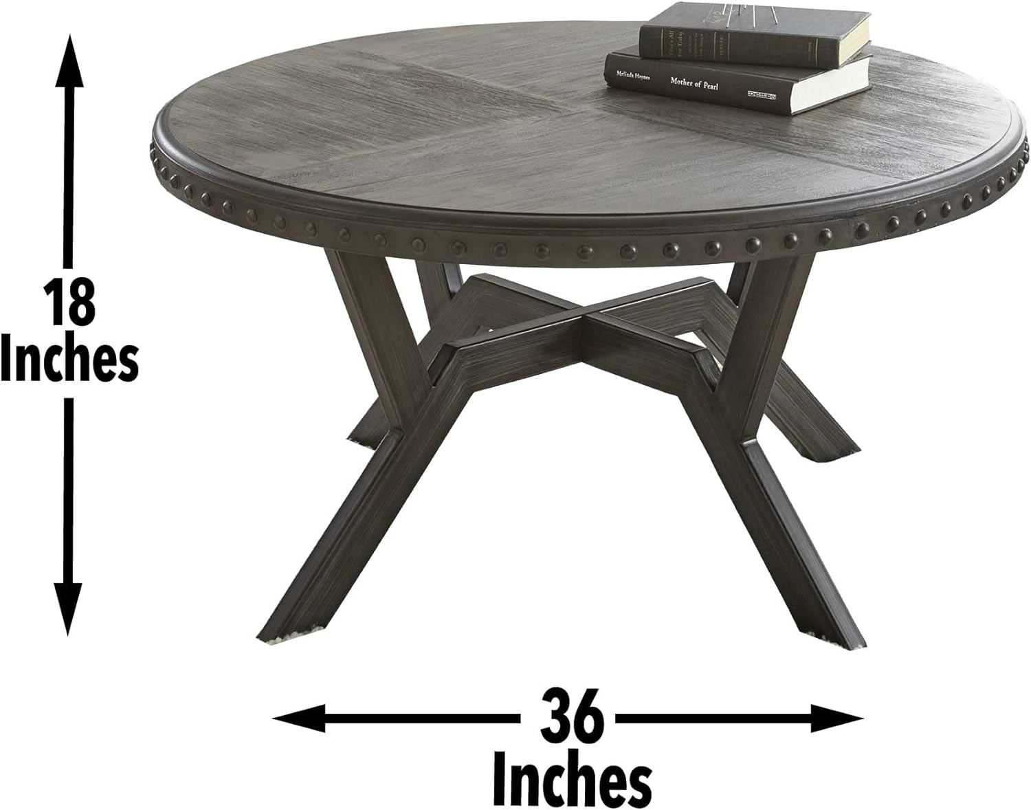 Rustic Alamo Round Cocktail Coffee Table With Nailhead Trim in Weathered Grey