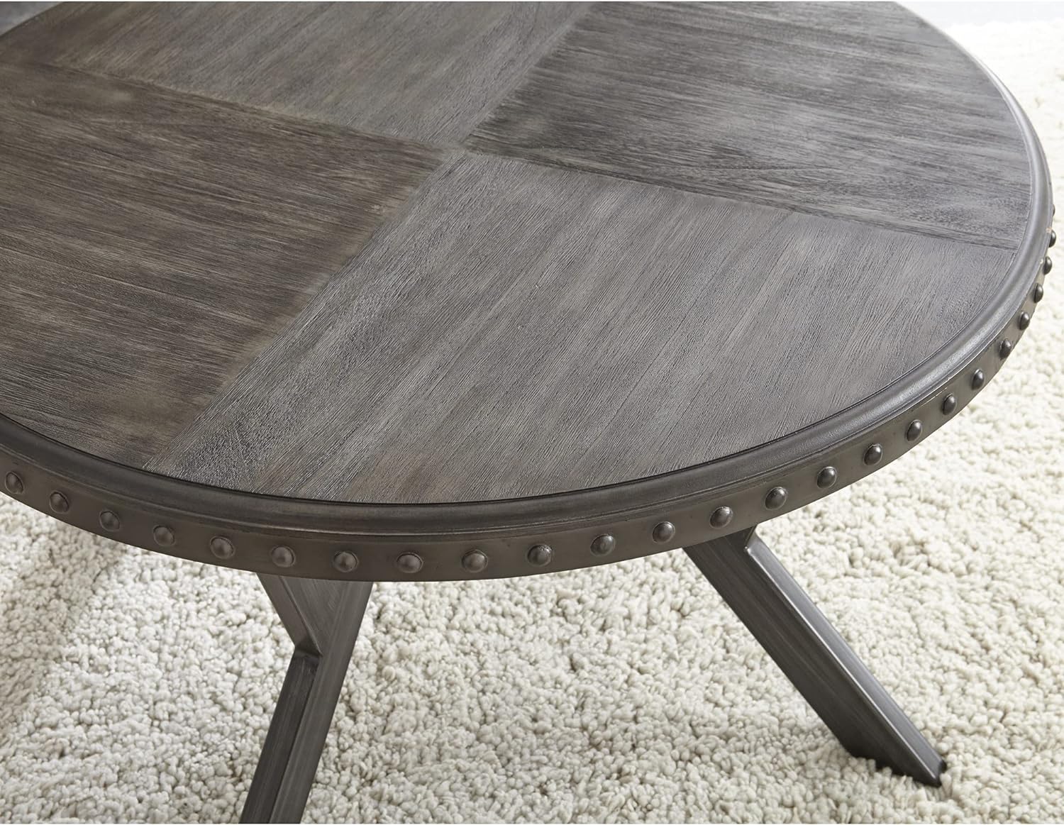 Rustic Alamo Round Cocktail Coffee Table With Nailhead Trim in Weathered Grey