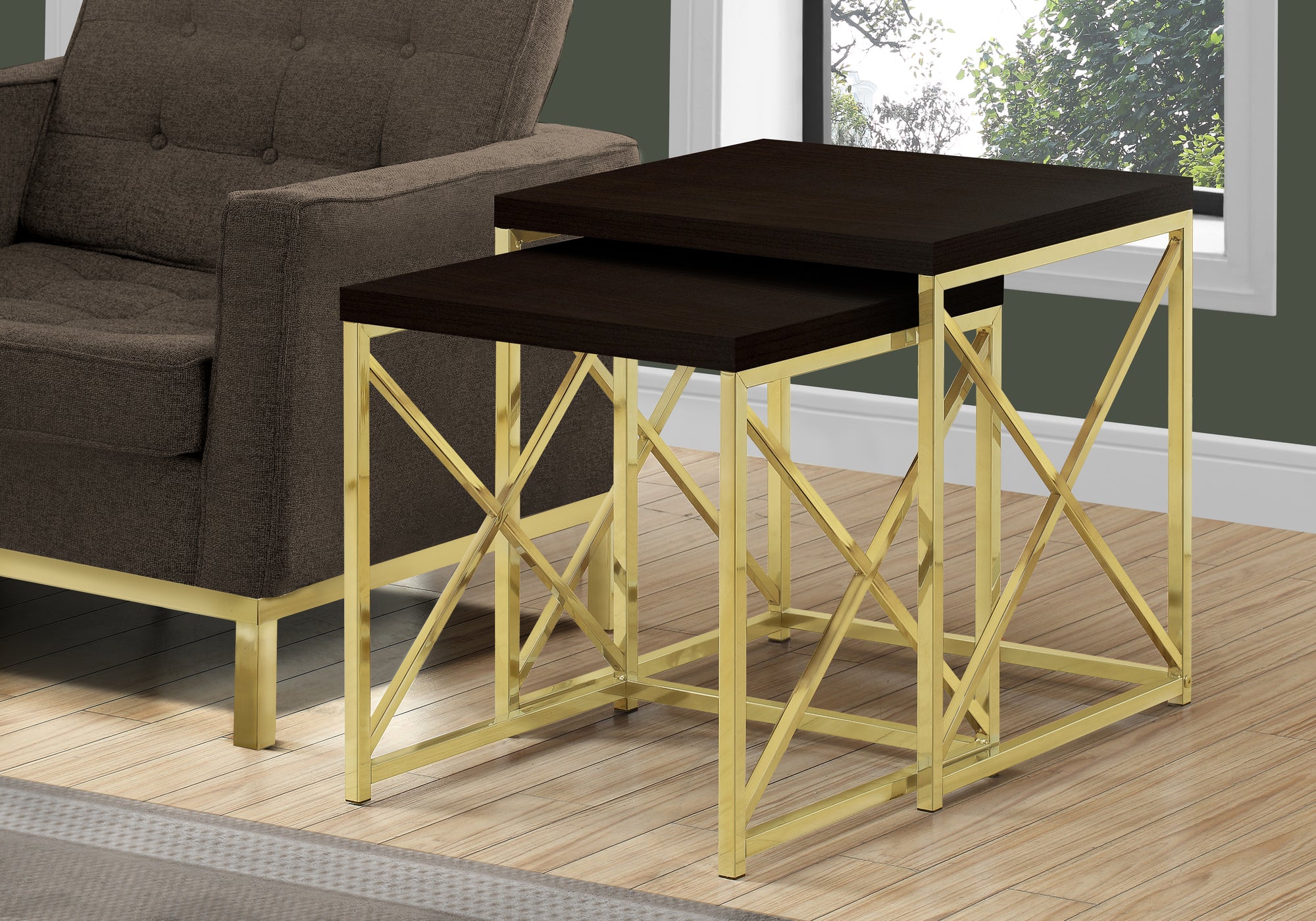 X base 2 Pc Modern Nesting Table Set In Espresso Gold