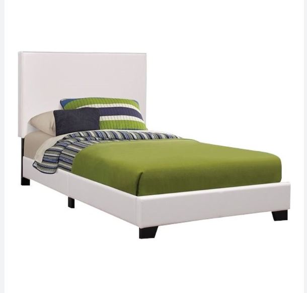 Platform Upholstered PU Leather White Bed Frame Headboard in Twin Size