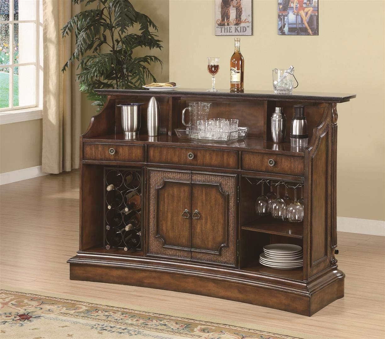 Clarendon Traditional Ornate Brown Bar Unit w/ Marble Top