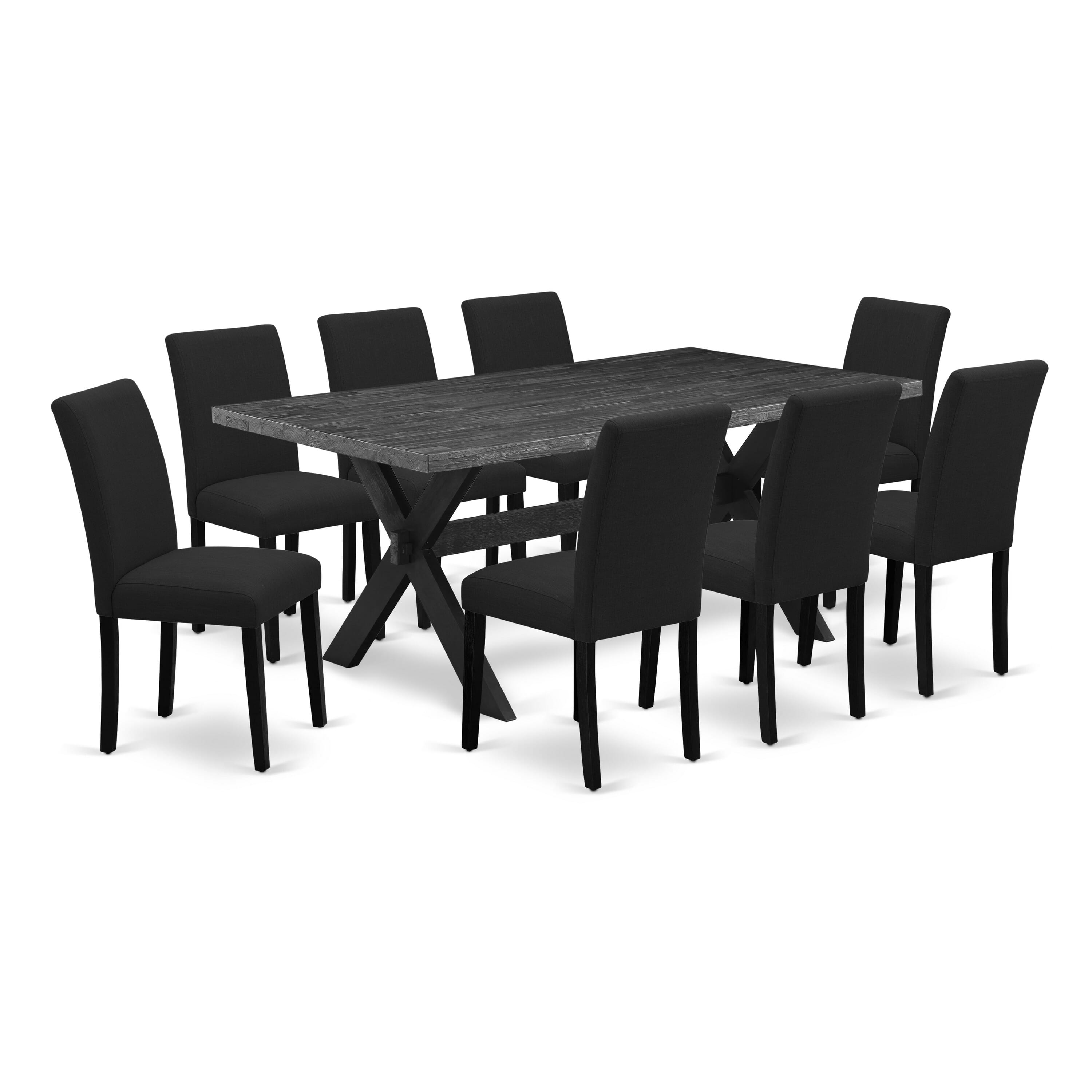 9 PC Modern X Base Rectangular Dining Room Table And Parson High Back Chairs in Black / Jacobean