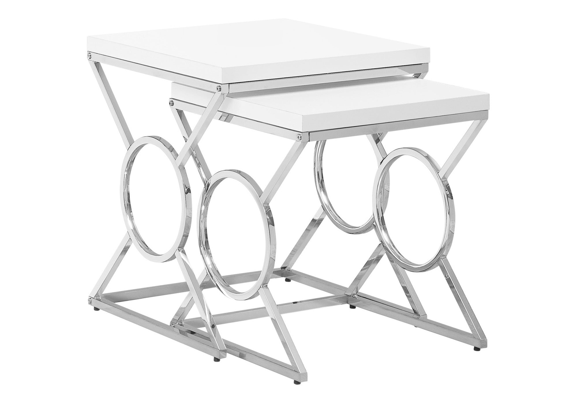 Contemporary Glossy White Nesting Tables with Circular Pattern Set Of 2