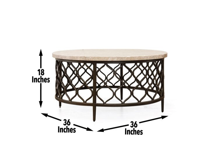 Steve Silver Roland Round White Stone Top with Bronze Metal Base Cocktail Table