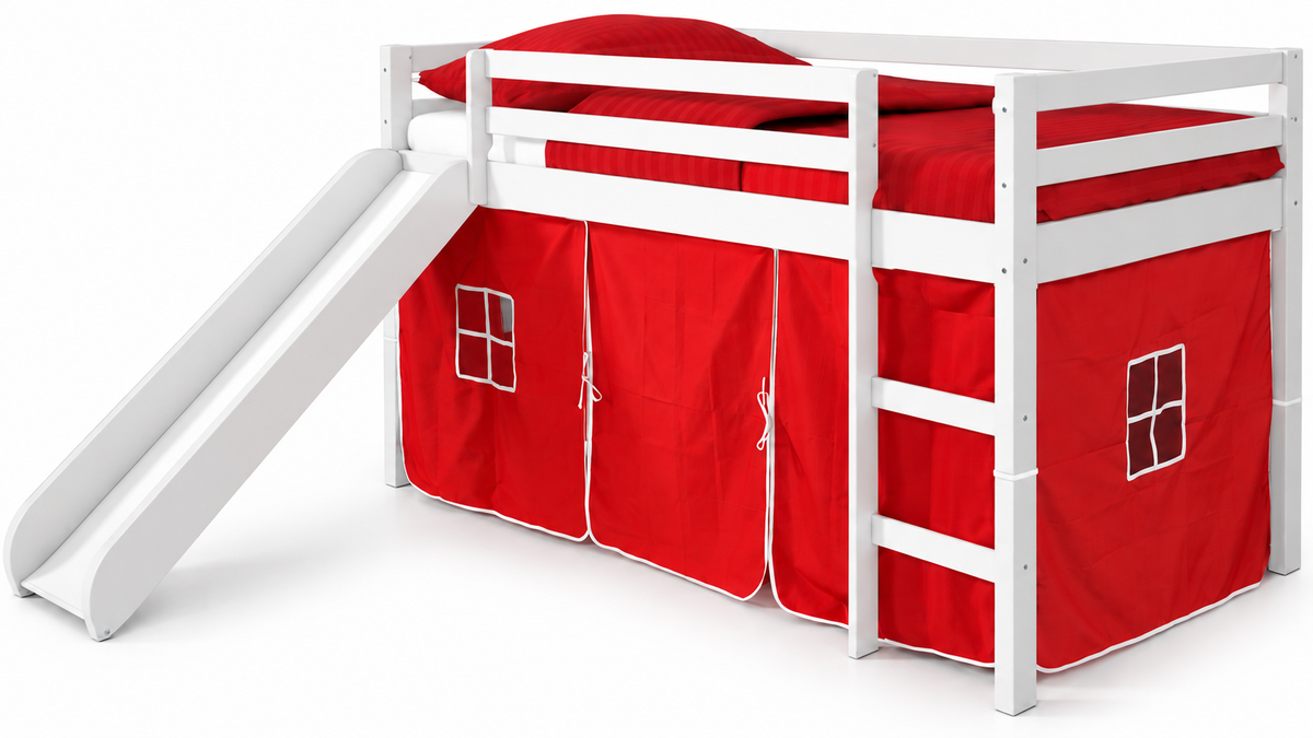 White Twin Junior Solid Pine Wood Loft Bed with Slide And Red Tent