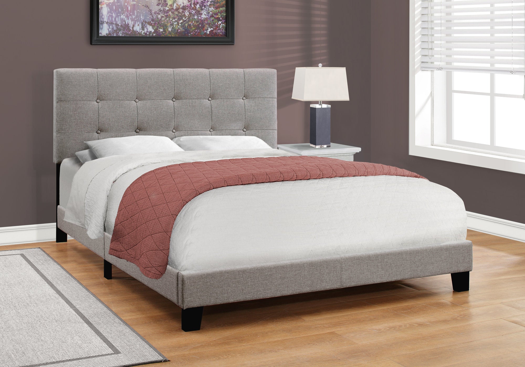 Tufted Queen Panel Upholstered Bed in Grey