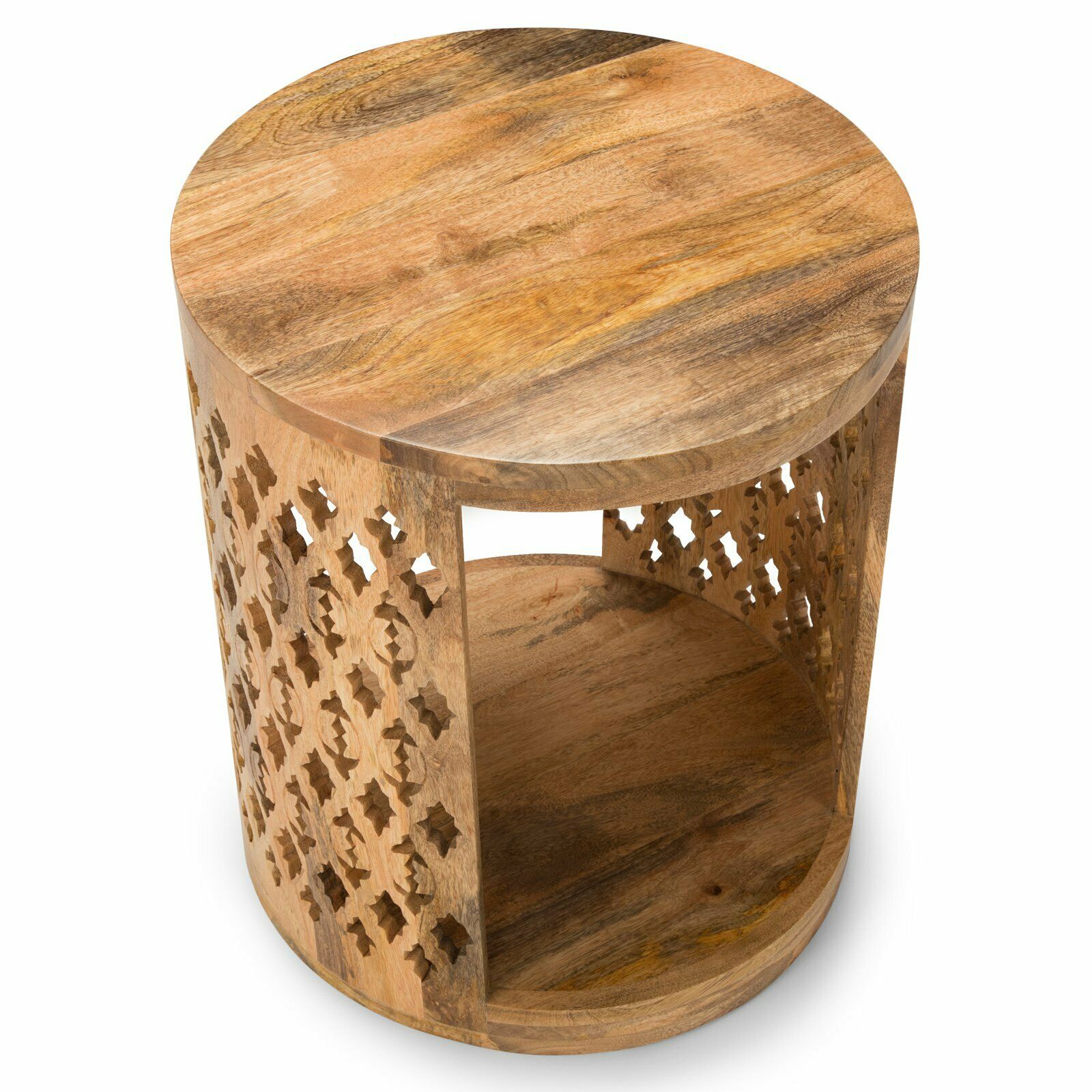 Moroccan Inspired Hand Carved Circular Wood Brinley Round End Table