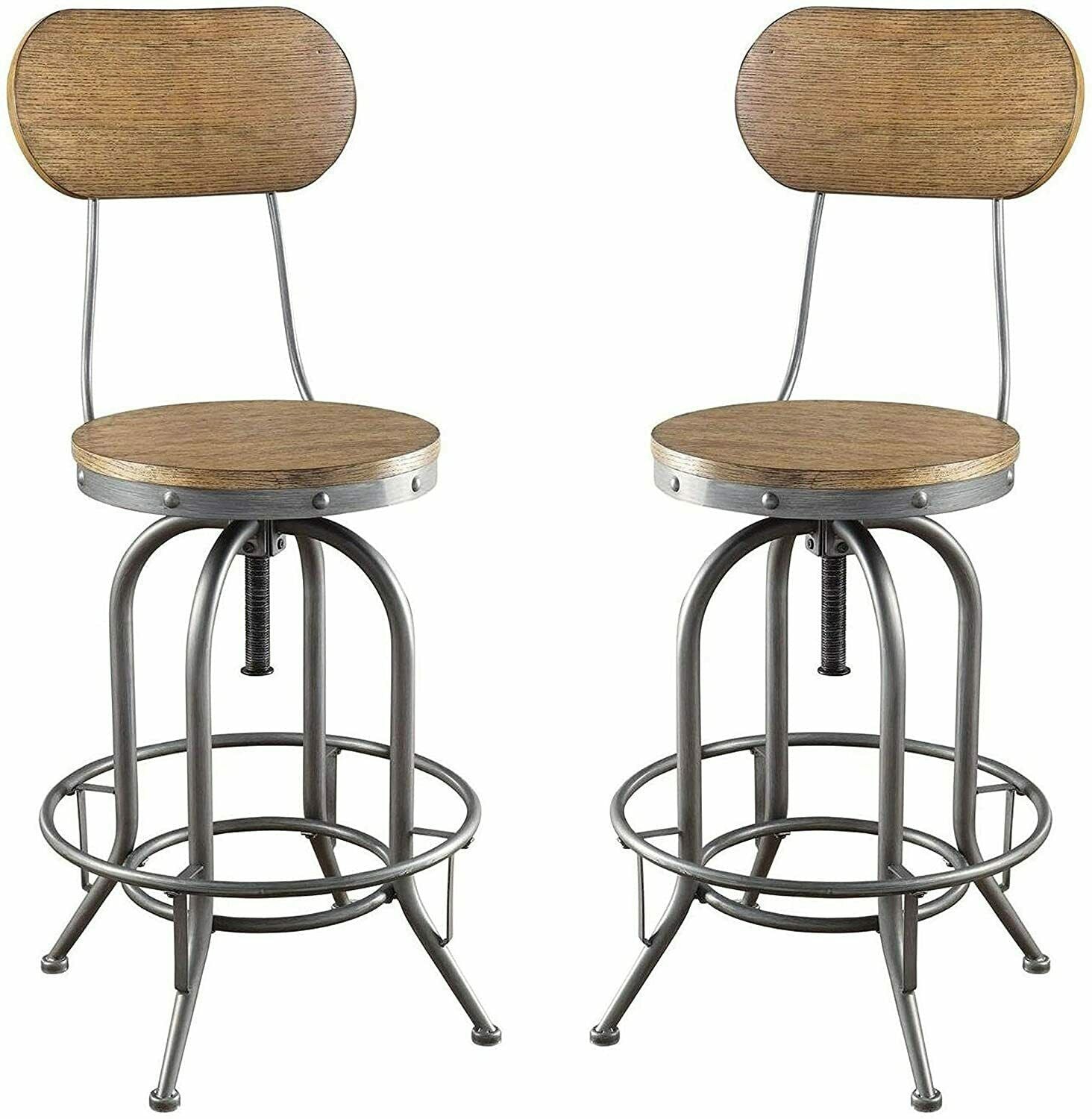 2 - Adjustable Swivel Bar Stools with Wood Back & Seat Graphite & Weathered Oak